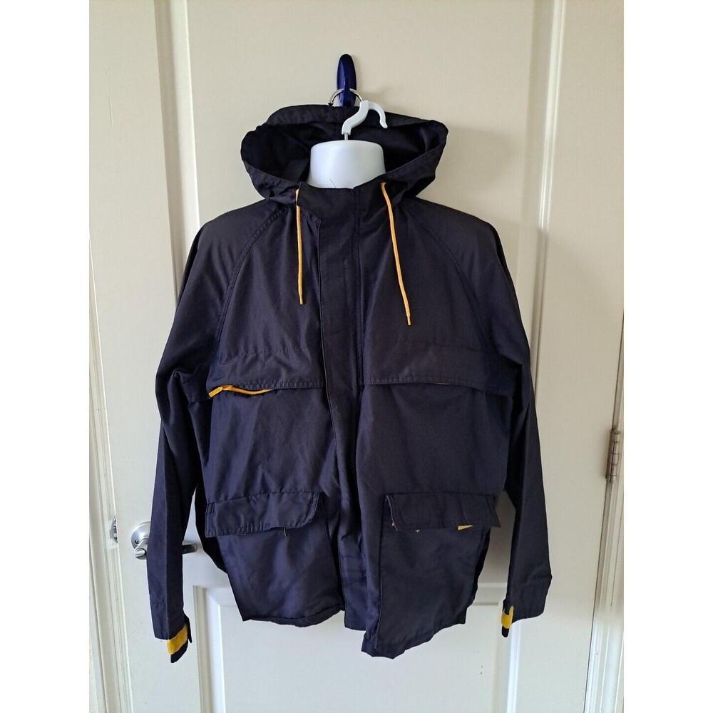 Vtg Izod Lacoste Windbreaker Men’s Large Dark Blue Yellow Full Zip Hood Hooded